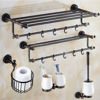 

Black Oil Brush Carved Bathroom Accessories Set Brass Bath Hardware Sets Towel Rack,Paper holder Toilet Brush Holder,towel rail