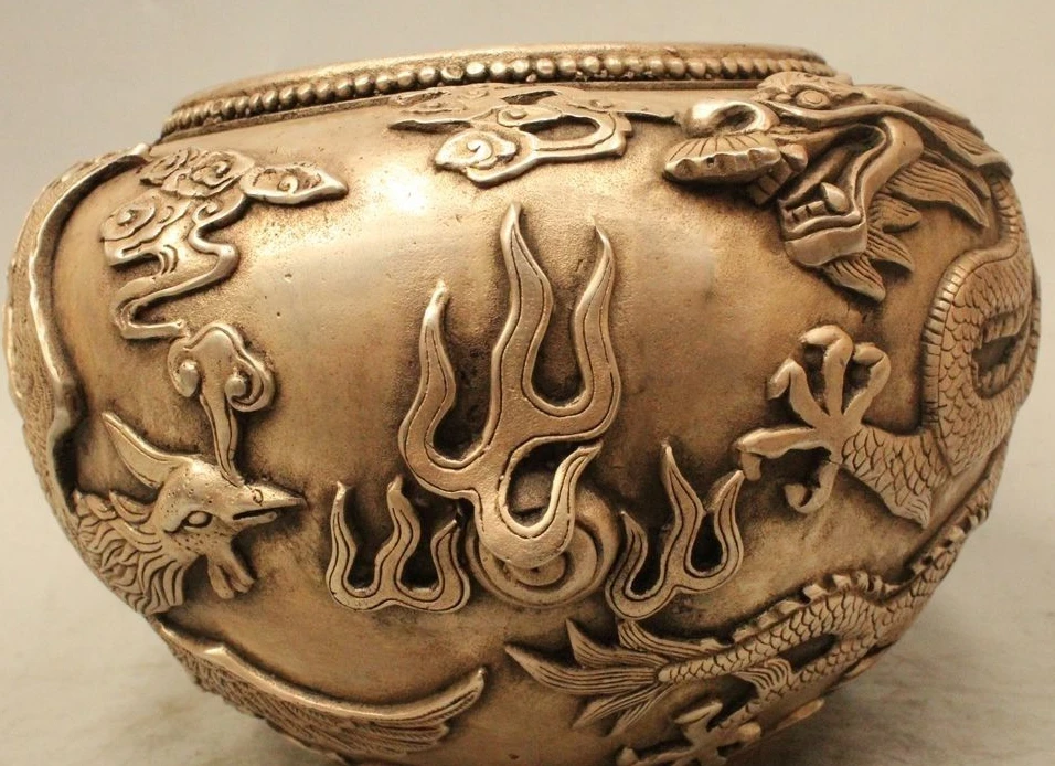 

9"Marked Chinese Dynasty Silver Dragon Phoenix Bird Play Bead Pot Jar Crock Cens