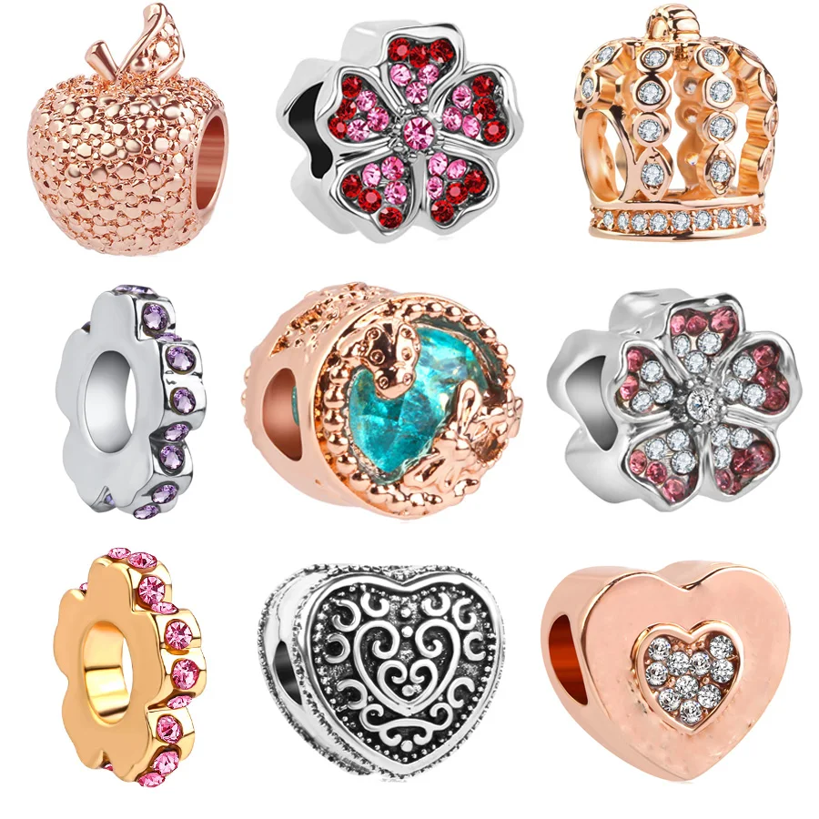 

Free Shipping Europe rose gold Princess Apple bloom flowers love heart Beads fit original pandora charm bracelet diy jewelry