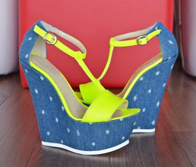 

Fashion Fluorescence Yellow Wedges Sandals Woman Blue Denim Platform T-Strap Wedged High Heels Sandalias Shoes Party Pumps