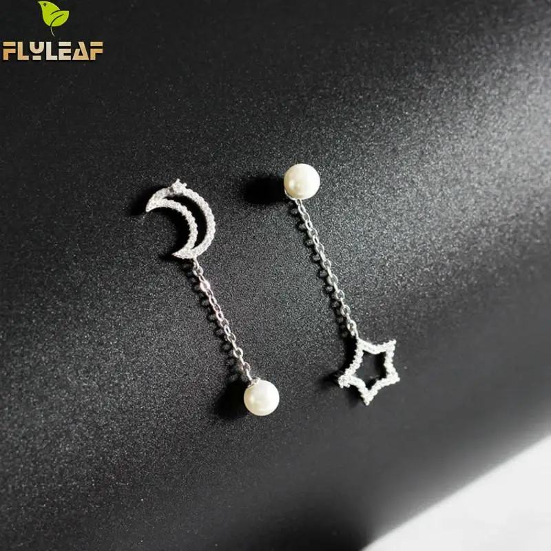 

Flyleaf 100% 925 Sterling Silver Simulated-pearl Star Moon Cubic Zirconia Drop Earrings For Women Fashion Party Jewelry