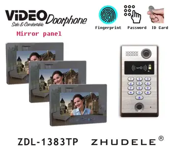 

ZHUDELE Touch Key 7" Lcd RFID Fingerpring & Password & ID Card Video Door Phone Intercom System Kits Mirror Panel Monitor 1V3