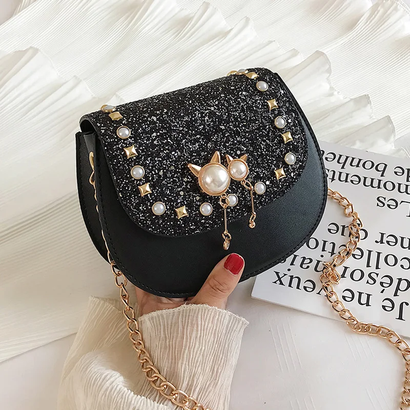 

Women's Mini PU Leather Messenger Bag pearl Shoulder Bag Designer Ladies Sequin Handbags Female Small Saddle Crossbody Bag 2019