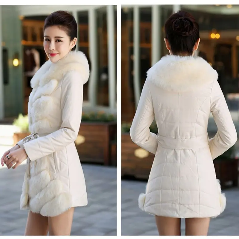 

2016 Winter Latest Women High Quality Down Jacket Covered Button Large Fox Furry Collars Sashes PU Fur Coat Slim Big Yards M017