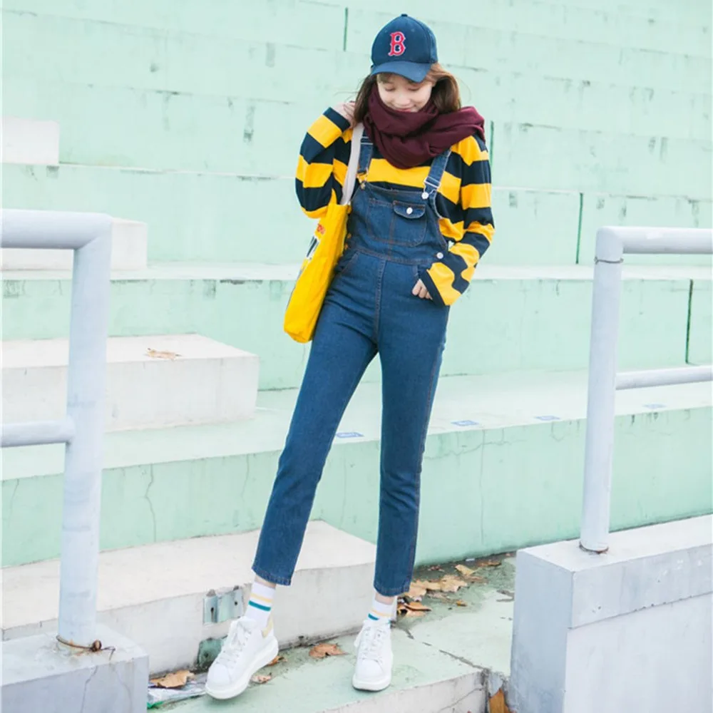 

Women Denim Overalls High Waist Fashion Adjustable Strap Jumpsuit Jeans Pants Female Trousers Light Blue Slim Denim Rompers Bib
