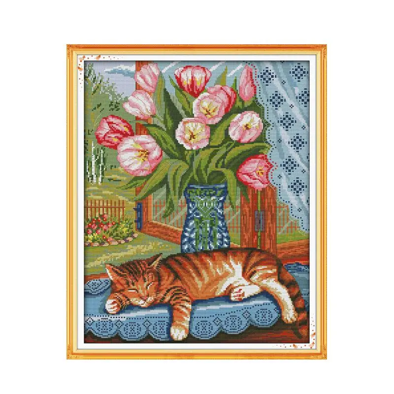 Cat on windowsill handmade diy calico Cross Sewing Embroidery Cross