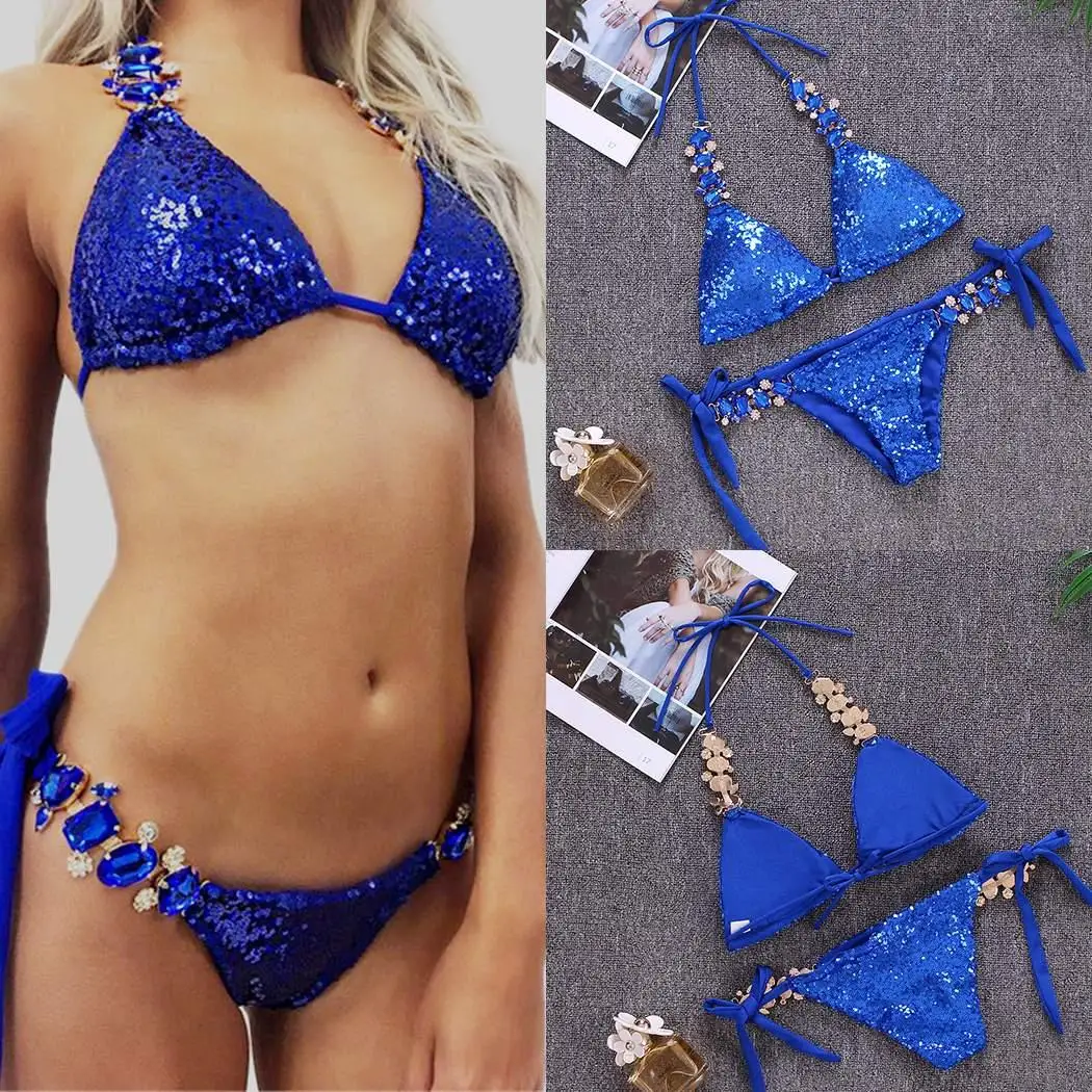 

Women Sequins Bikini Sleeveless Lace-up Three-point Split Wire Free Low Waist Two-piece Summer Swimsuit Slim