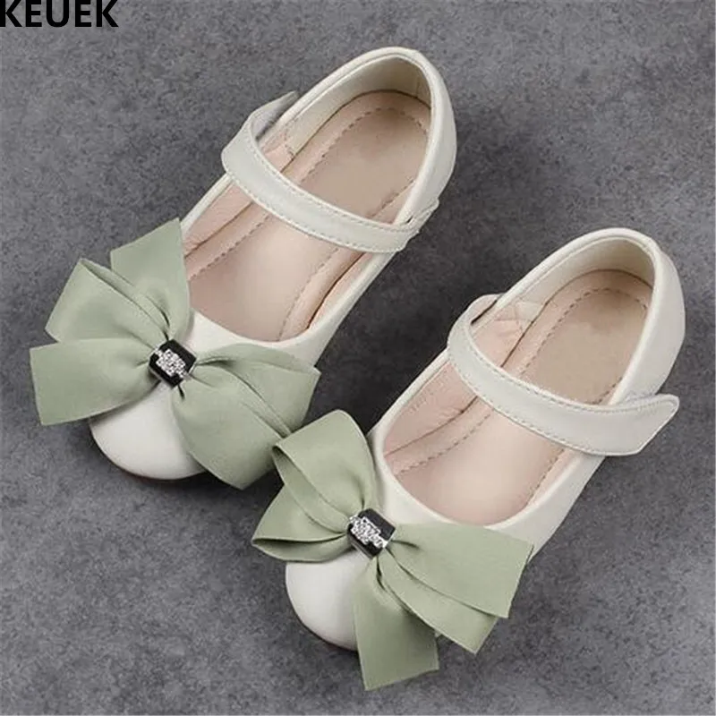 

New Children Leather Shoes Girls Princess Fashion Bowtie Rhinestone Dance Shoes Party Student Genuine Leather Kids Flats 03