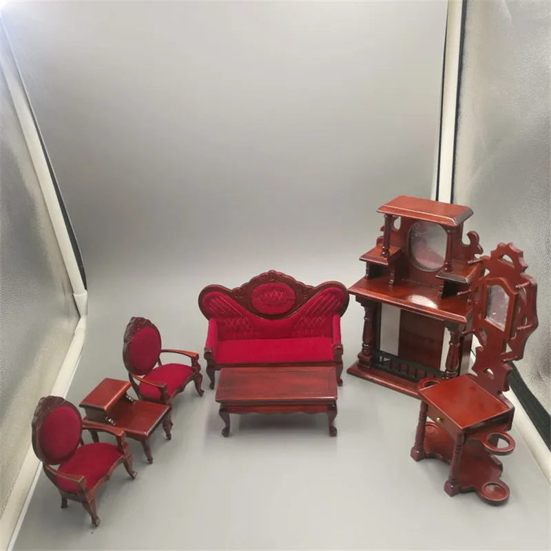 

1:12 Scale dolls house miniature Couch / sofa / table / fireplace red wooden mini furniture toy Living Room Accessories