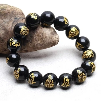 

10MM High Quality Natural Gold Printing Black Obsidian Carved Buddha Lucky Amulet Round Beads Bracelet For Women Men Bracelet