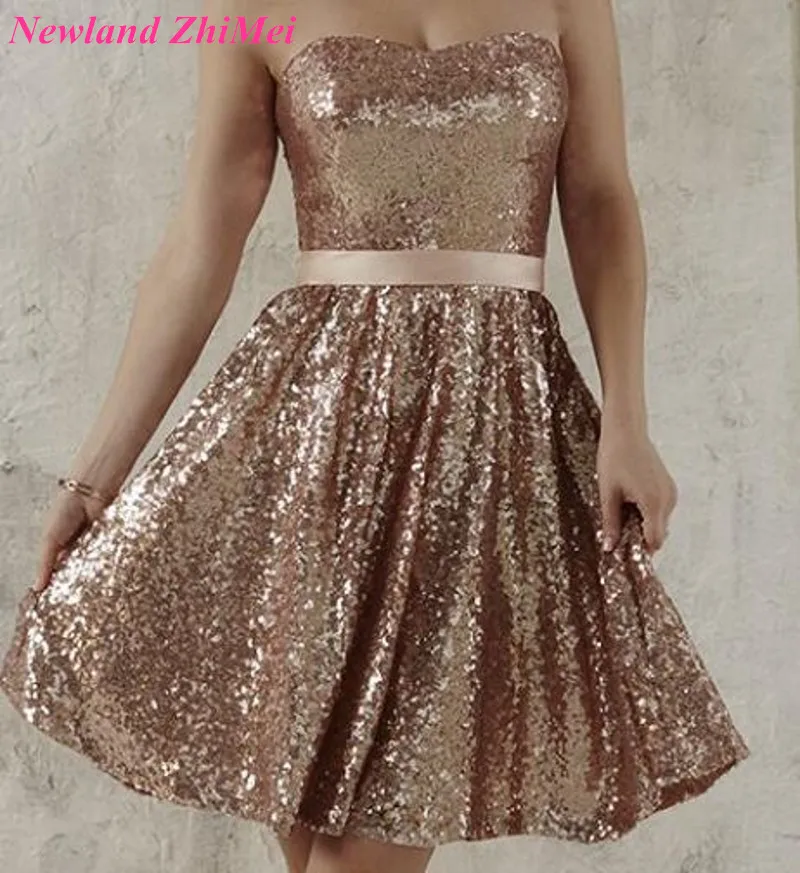 Sexy Short Rose Gold Sequin Bridesmaid Dress 2017 Lovely Sweetheart