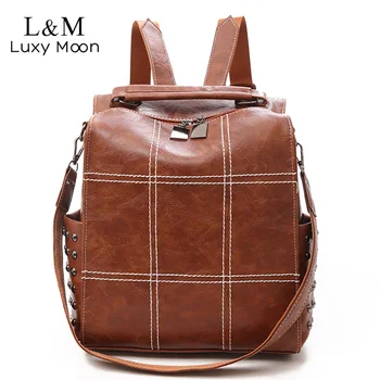 

Women Large Leather Backpack Female Teenage Girls School Backpacks Vintage Rivets Bags Mochila Solid Shoulder Bag Black XA71H