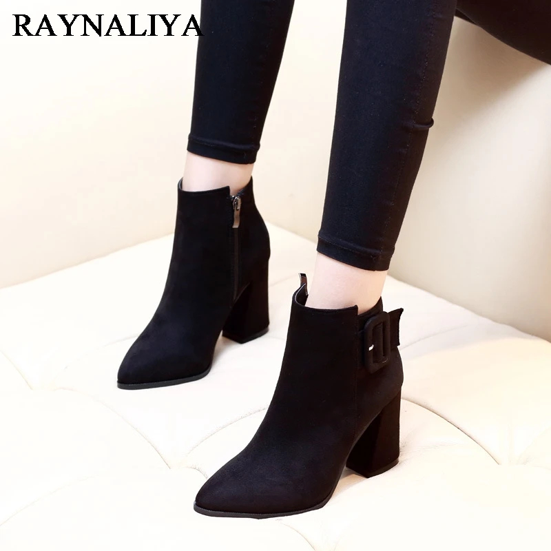 

Women Fashion High Heels Ankle Boots Pointed Toe 2017 New Short Boot Winter Women Black Flock Motorcycle Boots CH-A0048