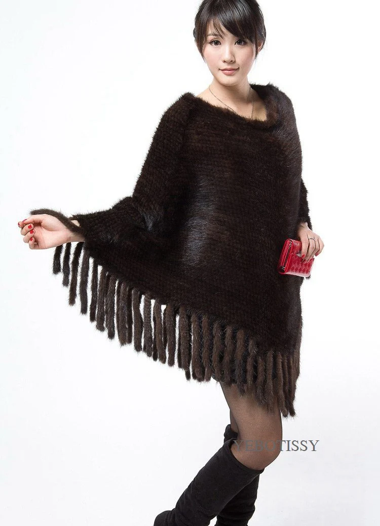 knitted women mink fur poncho with tassels (15)