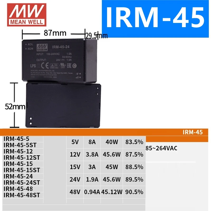 Бренд MEAN WELL представляет IRM-15 20 30 45 60 3,3 V 5V 12V 15V 24V 48V IRM-15-12 IRM-20-24 IRM-30-24 IRM-45-24 IRM-60 Мощность модуль