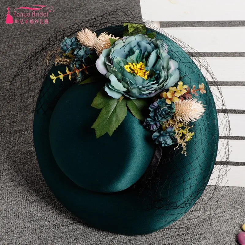 Атласные шляпы для невесты ручной работы, темно-зеленая сетка, цветок, котелок для студийной фотосъемки, аксессуары для свадебного платья DQG224