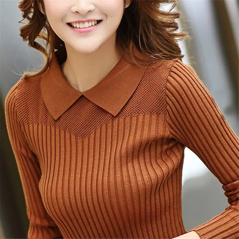 2018 Autumn Winter Women Sweaters and Pullovers Peter Pan Hollow Out Solid Sudaderas Sueter Knitted Sweater Chandail Femme