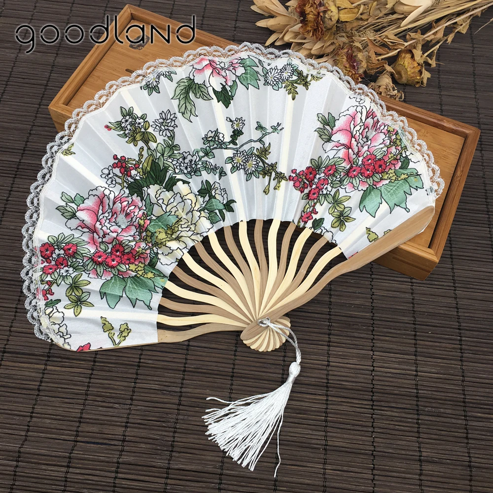  Free Shipping Wholesale 50pcs/lot Lace Edge Cherry Blossom Design Fabric Folding Fan Wedding Invita - 32829256317