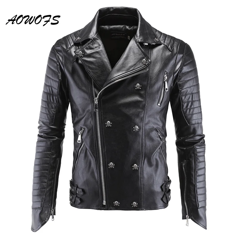 

AOWOFS Mens Leather Jackets Black Motorcycle PP Skull Leather Jackets Rivets Zipper Slim Fit Quilted Punk Jacket Biker Coat 5XL