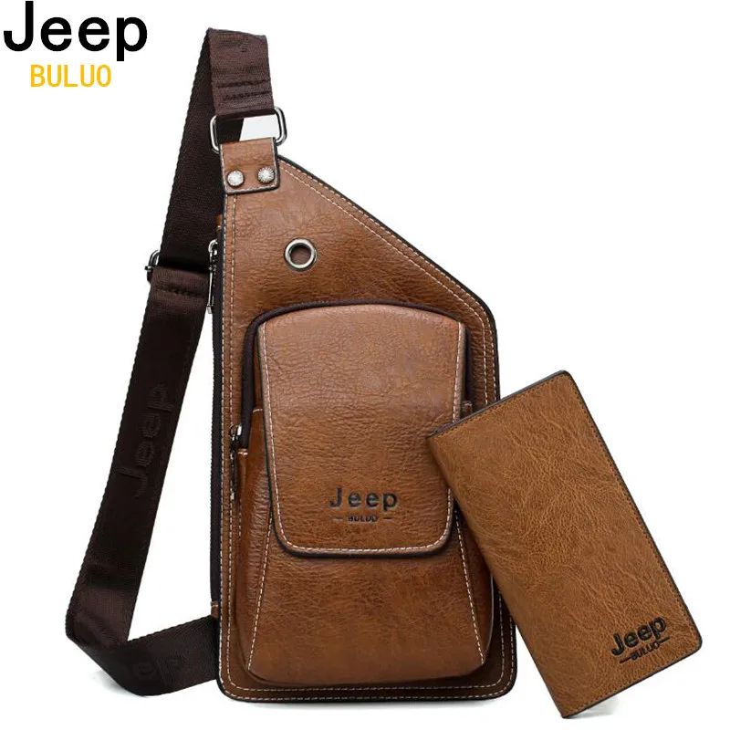 

JEEP BULUO Brand Men Chest Bags 2 Pcs Set Summer Travel Sling Bag For Man Split Leather Corss body Bag High Quality Male Bags