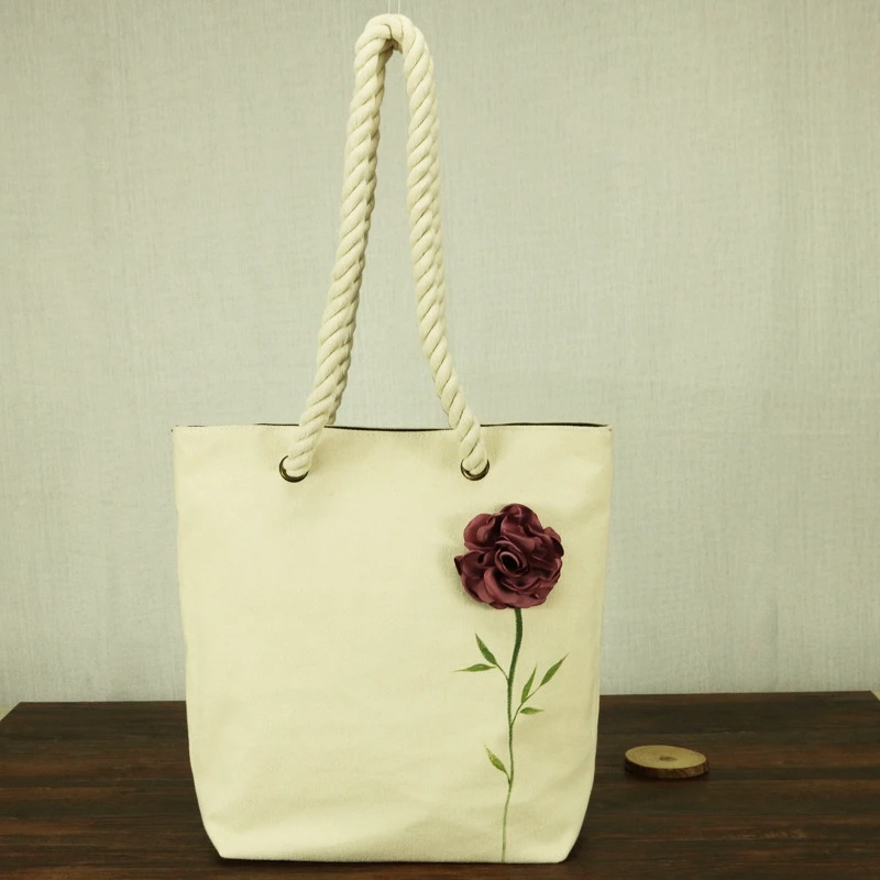 

Chinese Painting Series 3D Flower Women Canvas Shoulder Tote Bag Flower Hand Painted Ladies Big Shoppers Shopping Handbag Beige