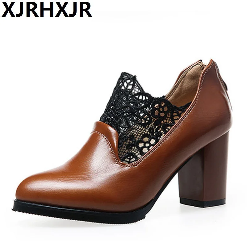 

XJRHXJR Women Pumps Fashion Plus Size 32-43 Elegant Pointed Toe Square High Heel Office Lady Woman Shoes Lace Black Red Brown