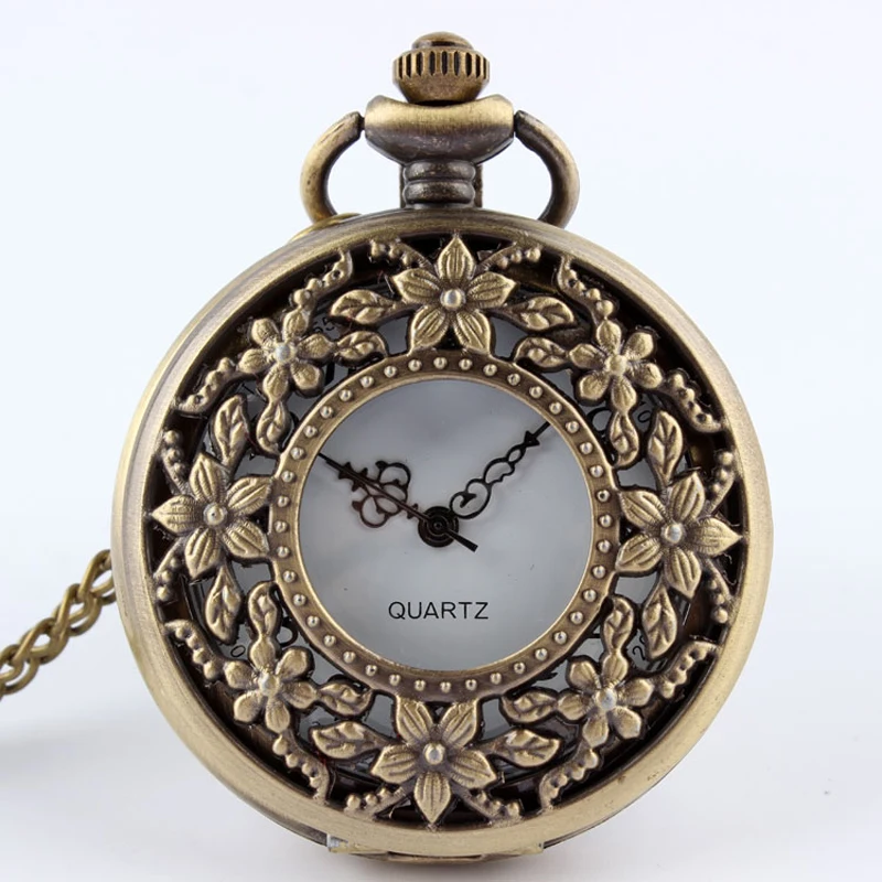 Bronze Vintage Retro Flower Hollow Quartz Pocket Watch Necklace Watches With Fob Chain Women Men