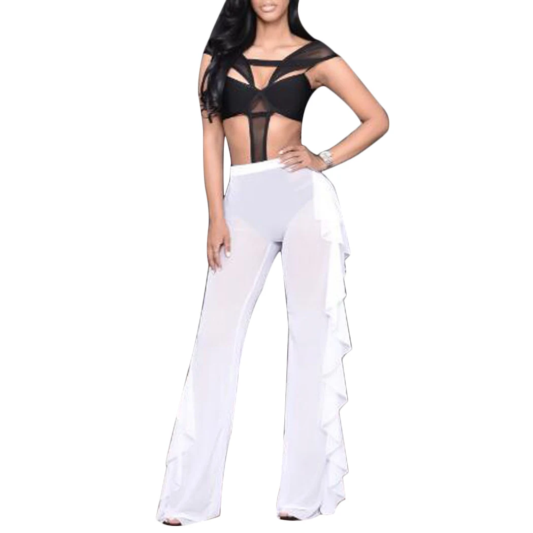 Sexy Summer Women Wide Leg Pants Beach Mesh Sheer Bathing Suit See-Through Pants Wide Leg Trousers Black White Pink
