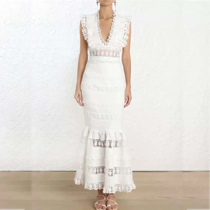 

Luxury Brand Runway Woman White Sexy Sets Deep V-Neck Ruffles Short Tops and High waist Pleated Fishtail Maxi Skirts Party Sets