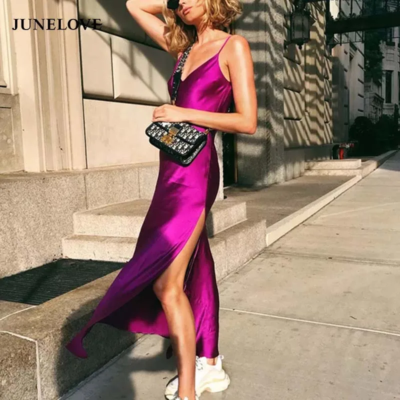 

JuneLove Sexy High Street Satin Dress Summer Women Spaghetti Strap V Neck Sexy Slit Backless Long Maxi Dress Party Club Vestidos