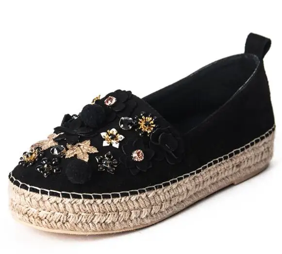 

Hot selling flat platform woman shoes 2017 spring rope braided loafers round toe crystal embellished casual shoes black