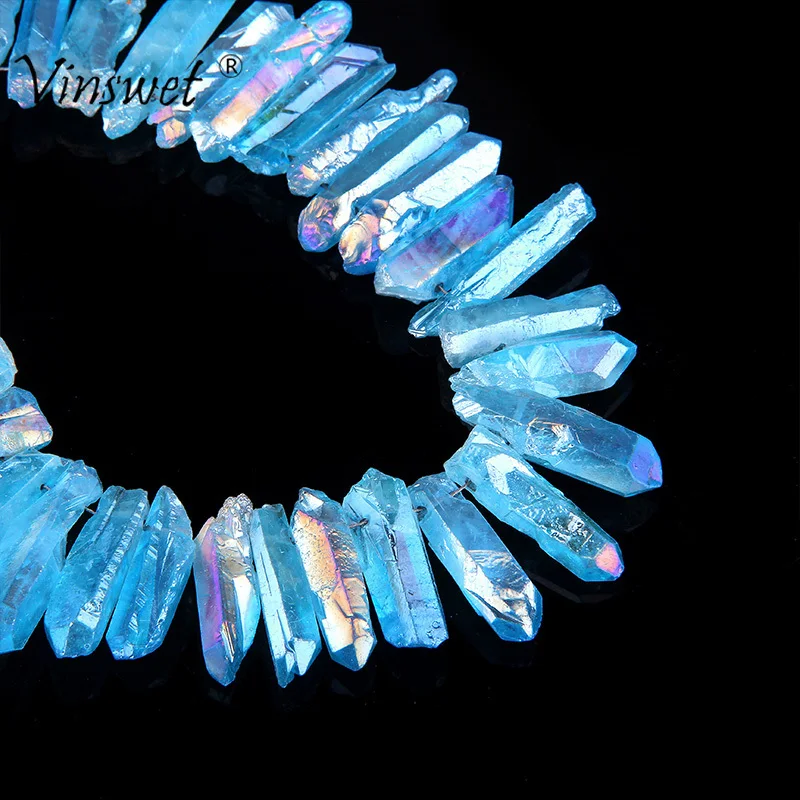 

Blue Titanium AB Color Quartz Crystal Stick Beads Pendants Natural Top Drilled Raw Crystals Gems Loose Spike Point Necklace