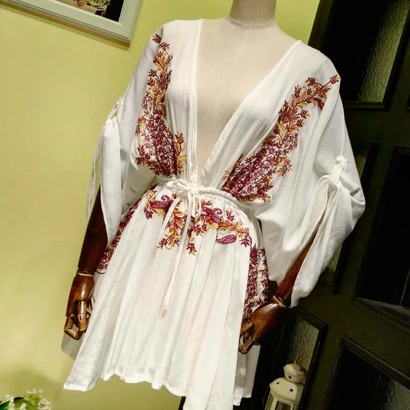 Женское платье с цветочной вышивкой boho винтажное сексуальное пляжное глубоким v