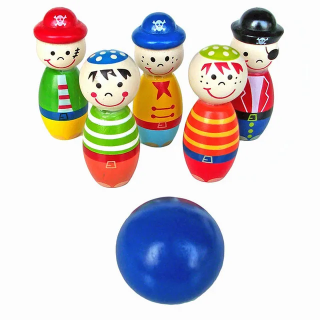 Special Offers New Wooden Cartoon Pirate Bowling Ball Game Toy Set Kids Classic Indoor Toy Ball Kids Baby Sporting Educational Toy for Children