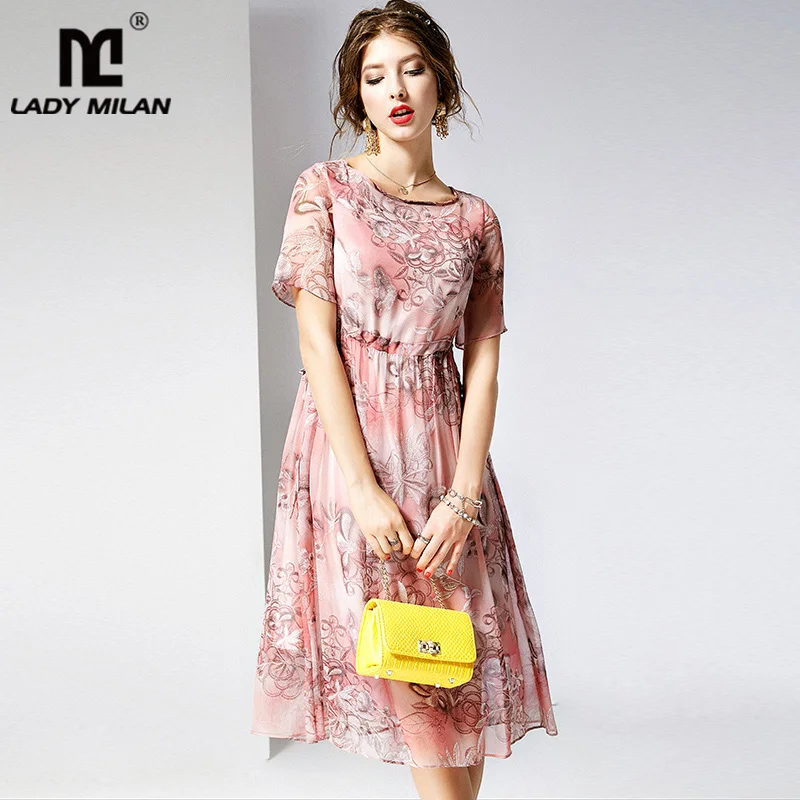 

100% Natural Silk Women's Runway Dresses O Neck Short Sleeves Lace Up Floral Printed Casual Summer Dresses