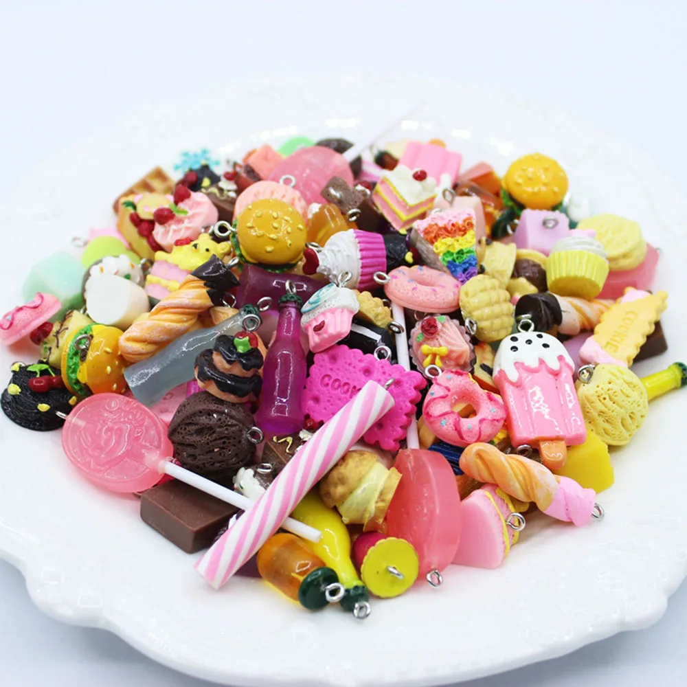 20/30/60/100Pcs/lot By Random Cake Candy Food Charms For Jewelry Making  Bracelets Earrings Making Resin Flat Back Cabochon
