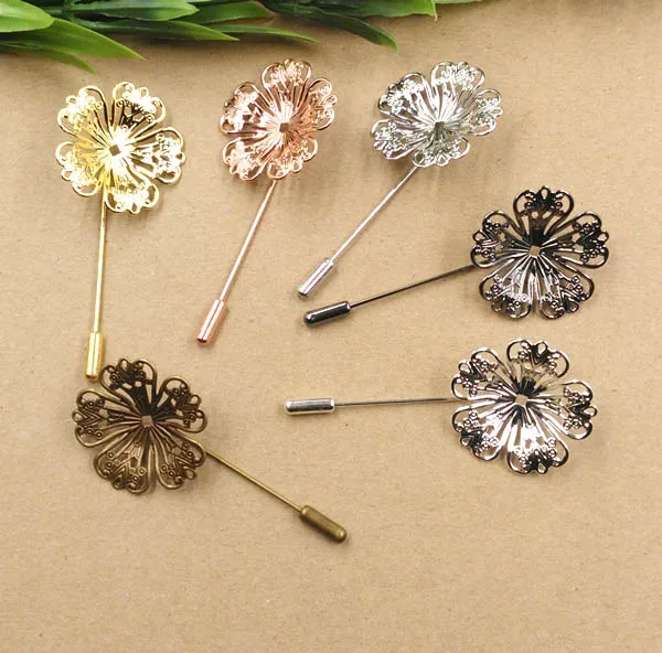 32mm Blank Fiigree Flower Circle Brooch Pins w/ Stopper Brooches Bases