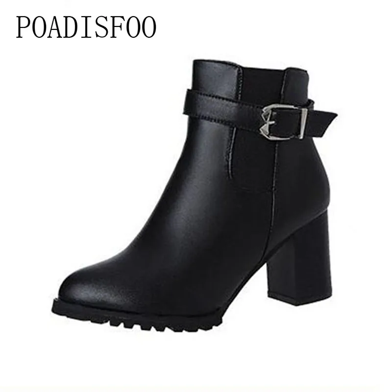 Beste POADISFOO 2018 Herfst vrouwen Enkellaarsjes Punt Teen 7 cm Vierkante hakken Knop Sexy Fashion Casual pumps laarzen HYKL 2018