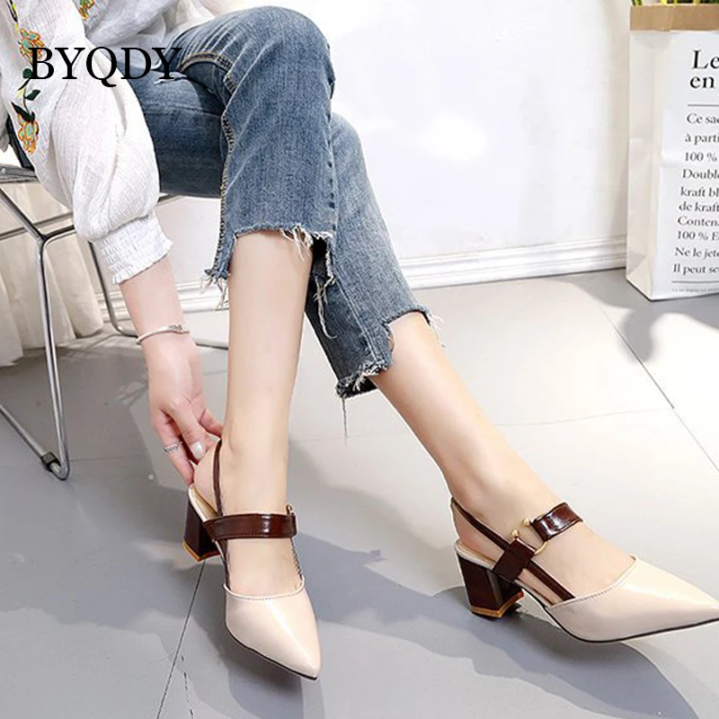 BYQDY женские туфли-лодочки с узким ремешком модные летние босоножки с острым носком из искусственной кожи на квадратном каблуке слинбэки; размер 40
