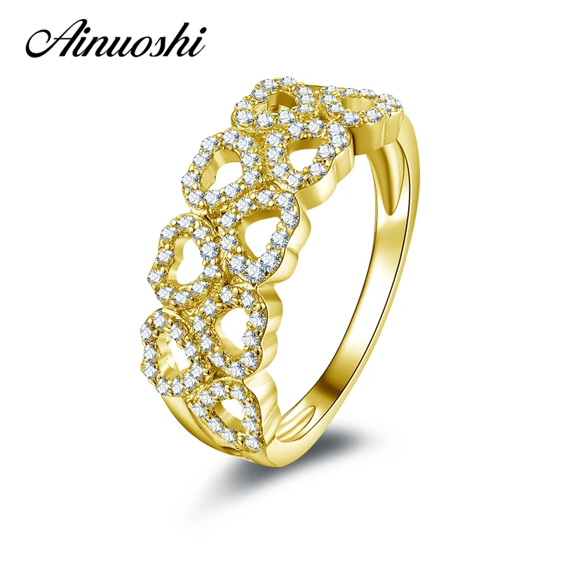 

AINUOSHI 10k Solid Yellow Gold Wedding Ring Heart Shape Hollow Anillos Mujer Jewelry Simulated Diamond Engagement Ring for Women