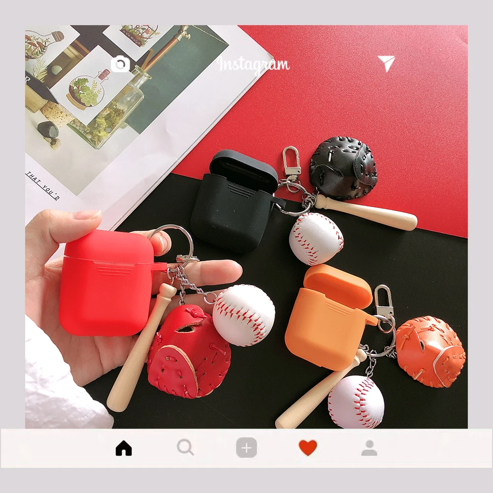 

Silicone Shockproof Earphone Case With Baseball Keychain Pendant For Apple Airpods 2 Wireless Bluetooth Headset Protection Cover