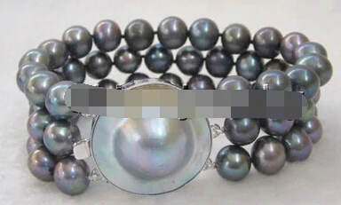 

FREE SHIPPING>>>@@ > 13402 AAA+ 8" 3row 10-11mm black round freshwater pearl bracelet-925 silver Mabe clasp