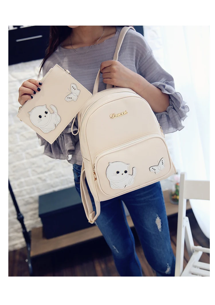 Cat Printed Women Leather Backpacks For Teenage Girls Cute Cartoon Youth School Shoulder Bag Bagpack Preppy