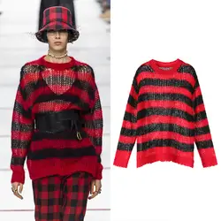 Новая эластичная трикотажная верхняя одежда без подкладки в красную и черную полоску, свитер с длинными рукавами и круглым воротником