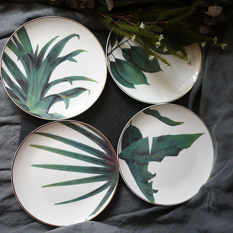 Home Decoration Phnom Penh Green Leaves Nordic Tropical Western Style Dessert Plates Cutlery Ceramic Fruit Circular Fashion Cake