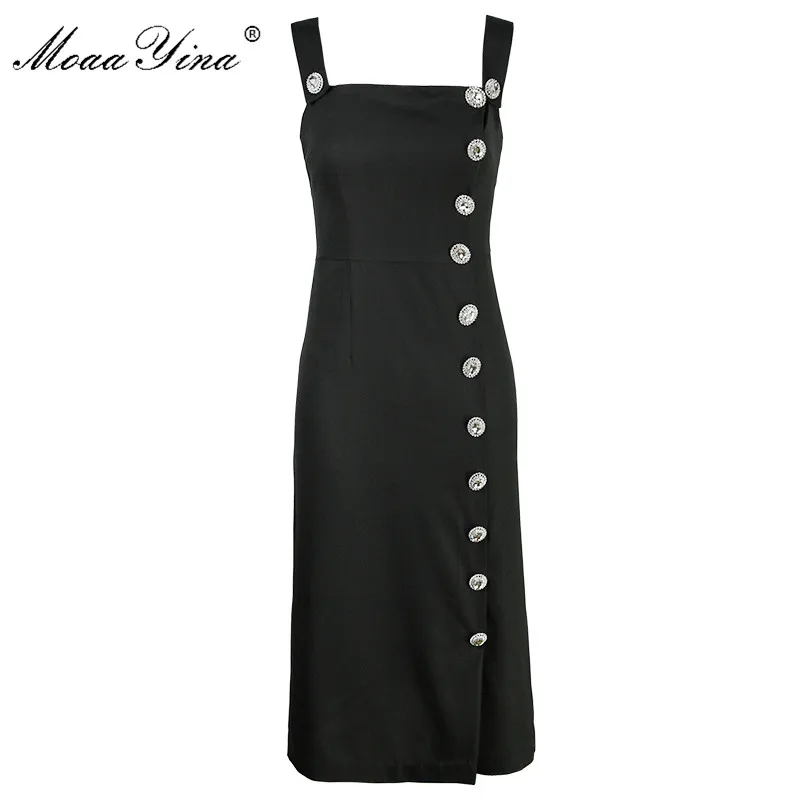 

Moaa Yina Fashion Designer Runway dress Spring Summer Women Dress Spaghetti strap Crystal Button Black Elegant Dresses