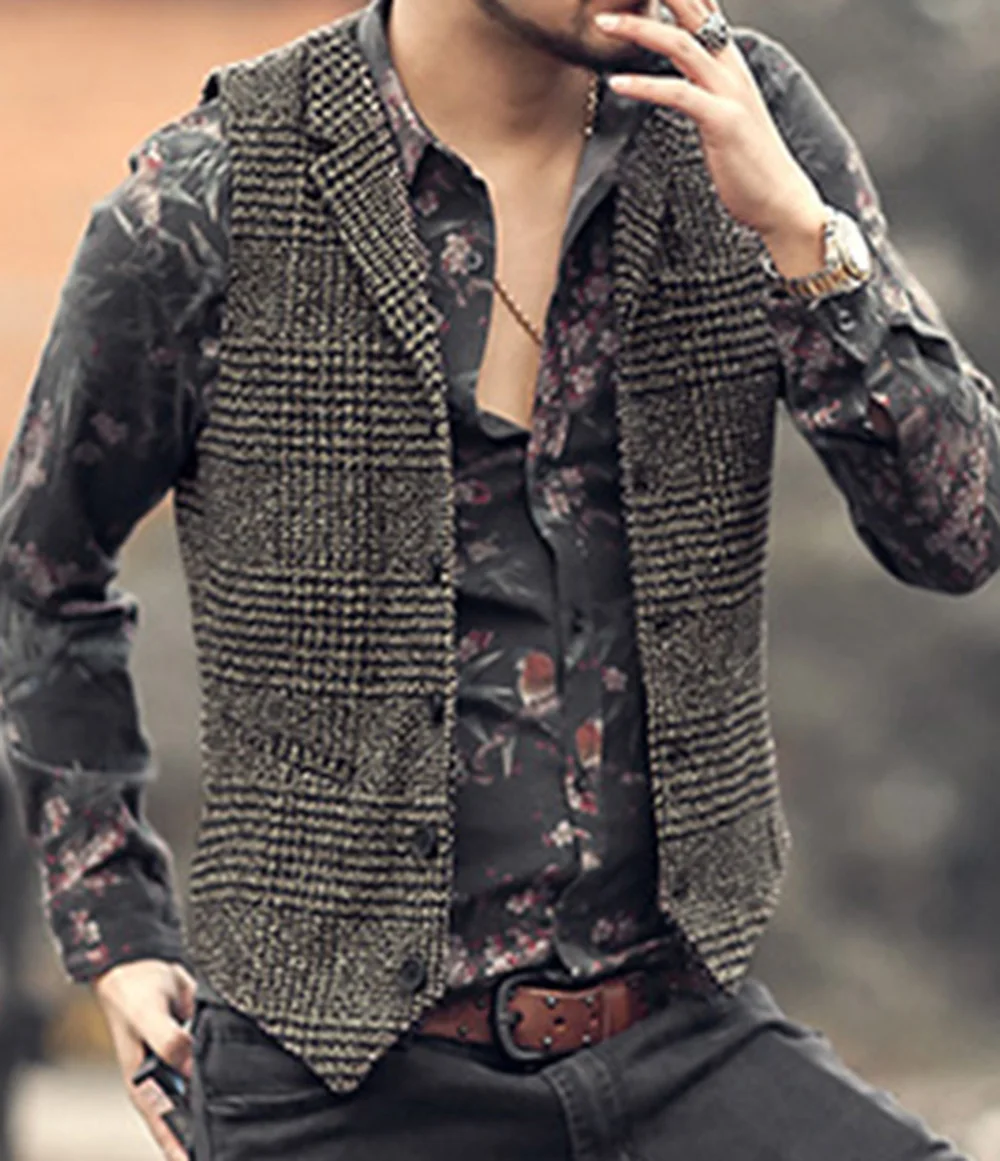 Mens Suit Vest Lapel Neck Wool Brown Single-breasted Slim Fit Waistcoat Casual Formal Business Groomman For Wedding Best Man 2