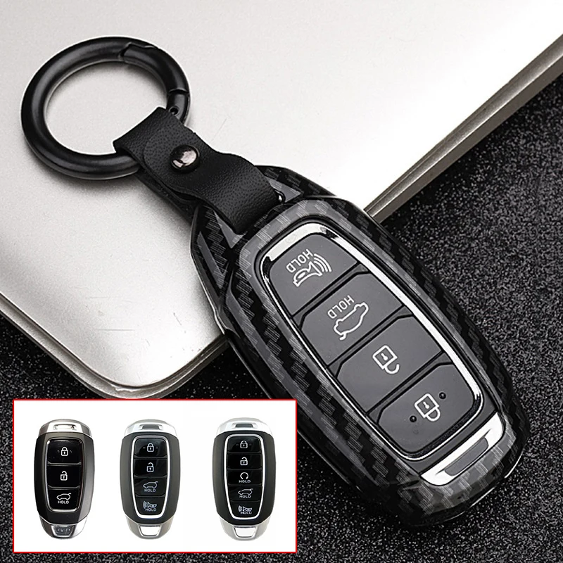 

carbon fiber black New Car Key Case Alloy Chain Ring auto replacement key covers keychain For 2017-2018 Hyundai Kona i30 ix35