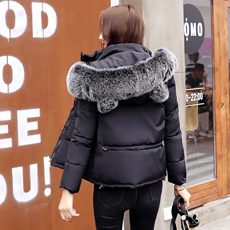 2018 new fashion Big Fur Collar Warm Hooded Autumn Winter Jacket Women womens cotton padded short coat casaco feminino