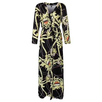 

Casual Long Sleeve V Collar Printing Fashion Pendulum Dress Women Plus Size Dresses